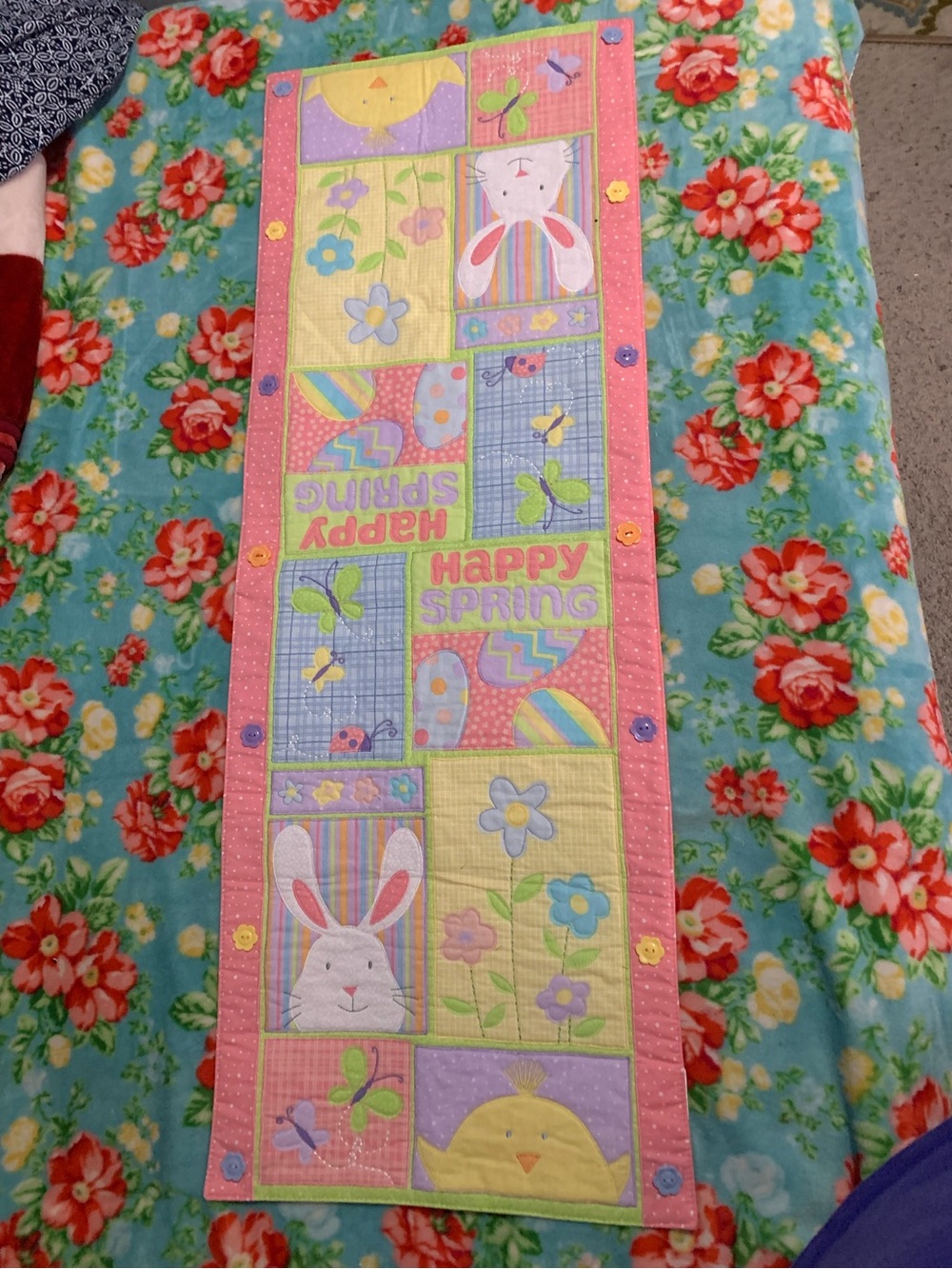 Happy Spring Bunny Table Runner - Pink Pastel Holiday Linen